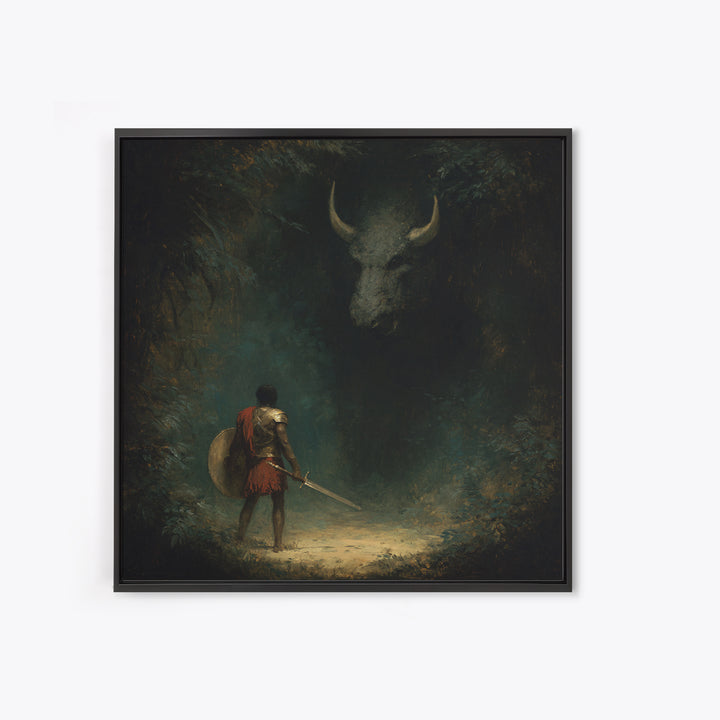 Hero Facing Shadow Minotaur In Dark Forest Framed Canvas Print, Mythological Fantasy Art, Moody Wall Decor, Gothic Art Gift