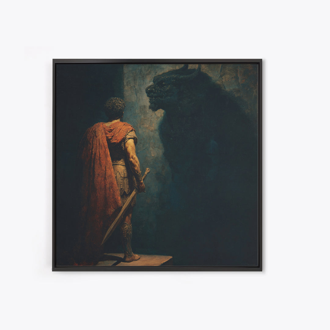 Hero Facing Minotaur In Shadows Canvas Print, Dark Mythology Wall Art, Ancient Greek Fantasy Decor, Dramatic Fine Art Print