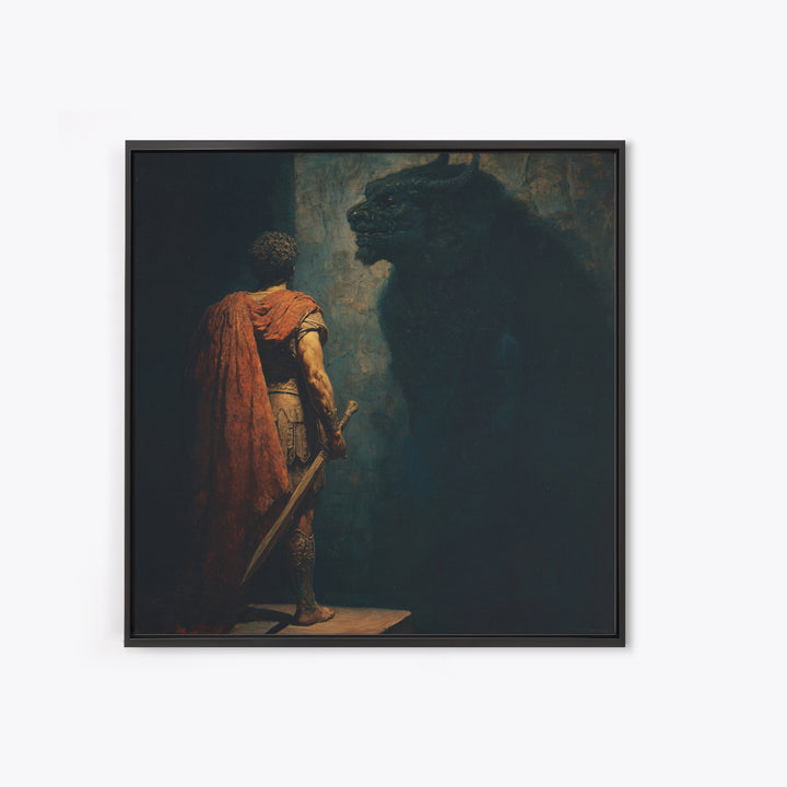 Hero Facing Minotaur In Shadows Canvas Print, Dark Mythology Wall Art, Ancient Greek Fantasy Decor, Dramatic Fine Art Print
