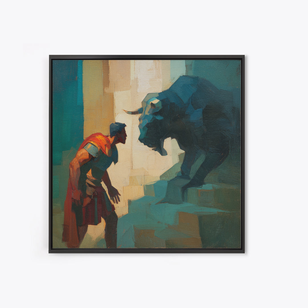 Brave Roman Facing Black Bull Wall Art, Mythological Animal Painting, Bold Modern Canvas For Masculine Office Decor Gift