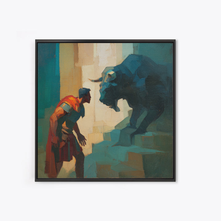 Brave Roman Facing Black Bull Wall Art, Mythological Animal Painting, Bold Modern Canvas For Masculine Office Decor Gift