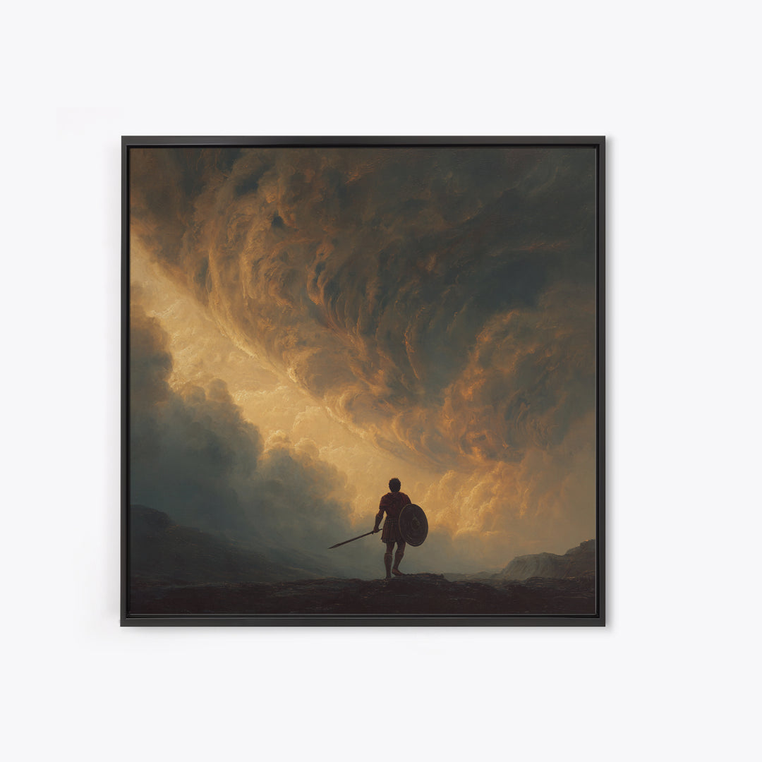 Warrior Beneath Golden Storm Clouds Canvas Print, Epic Fantasy Landscape Painting, Dramatic Wall Decor For Men, Living Room Decor