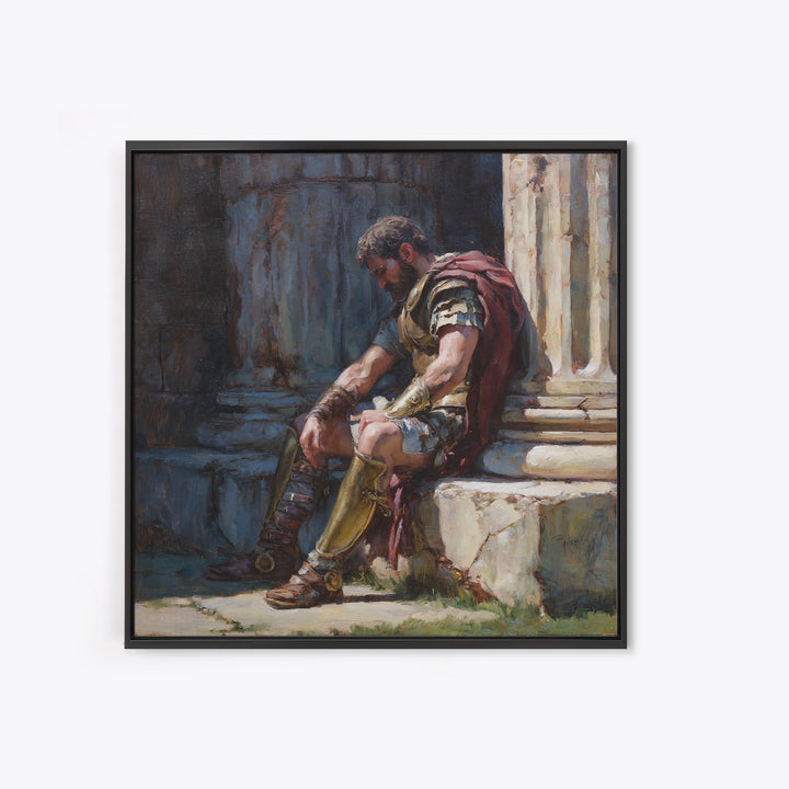Weary Roman Soldier Resting Beside Columns Framed Canvas Print, Classical Portrait Art, Historical Wall Decor, Gift For Him