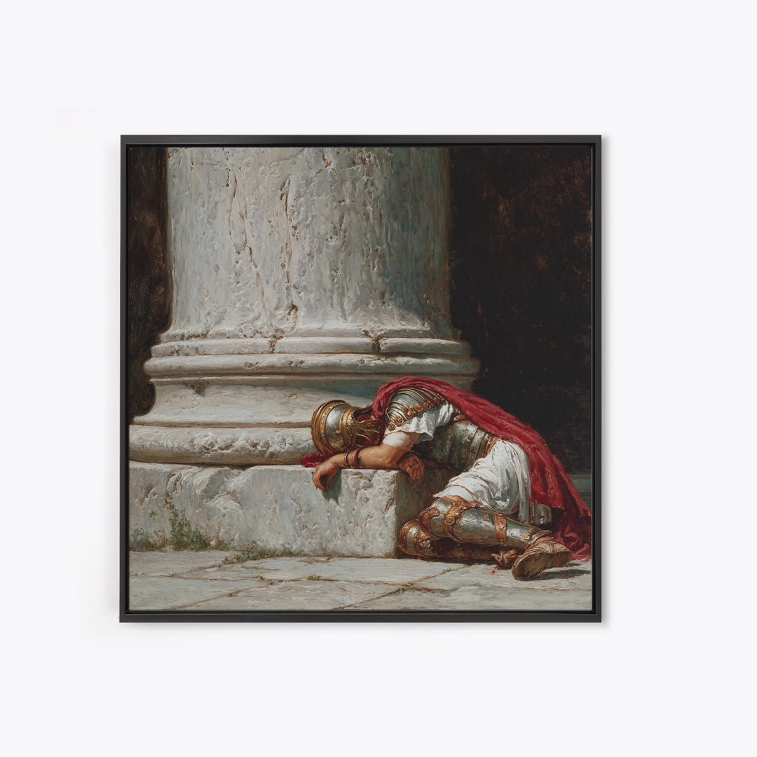 Fallen Roman Soldier Beside Marble Column, Classical Framed Canvas Print, Historical Wall Art, Ancient Rome Decor, Museum Style