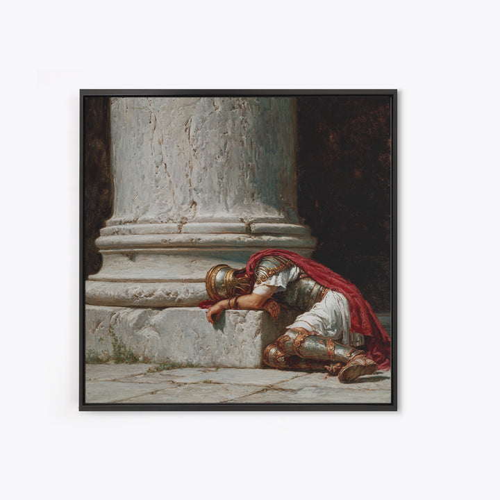 Fallen Roman Soldier Beside Marble Column, Classical Framed Canvas Print, Historical Wall Art, Ancient Rome Decor, Museum Style