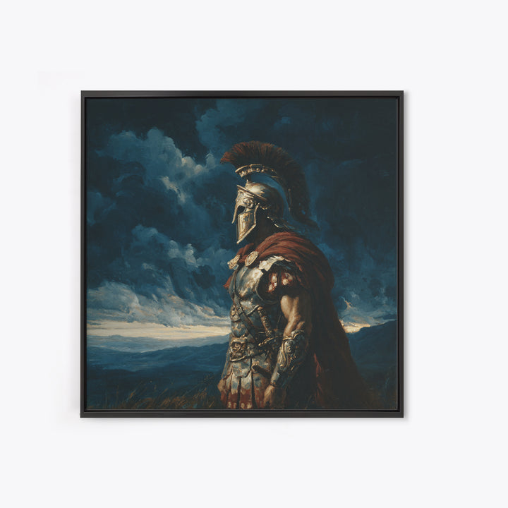 Stoic Roman Warrior Under Storm Clouds Framed Canvas Print, Mythological Art, Dark Academia Decor, Masculine Office Wall Art