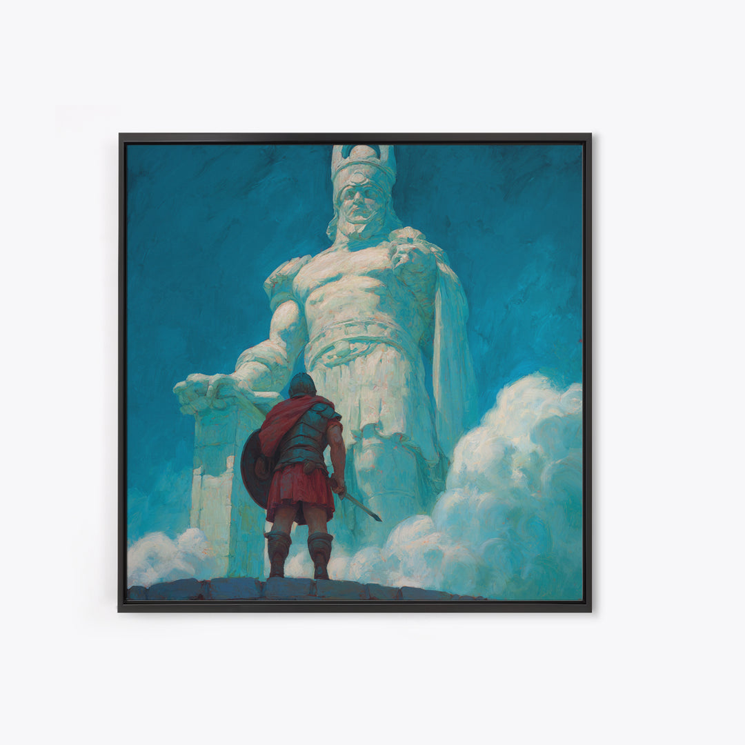 Hero Before Colossal Ancient Statue Framed Canvas Print, Fantasy Wall Art, Mythological Art, Blue Wall Decor, Gift For Him