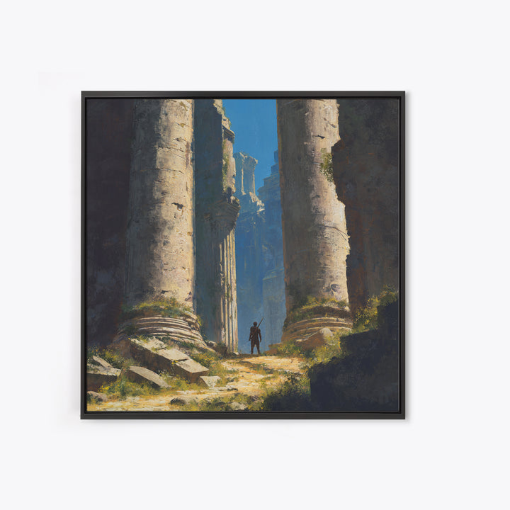 Lone Explorer In Ancient Ruins Wall Art, Fantasy Temple Landscape Painting, Dramatic Architecture Decor, Adventure Gift Idea