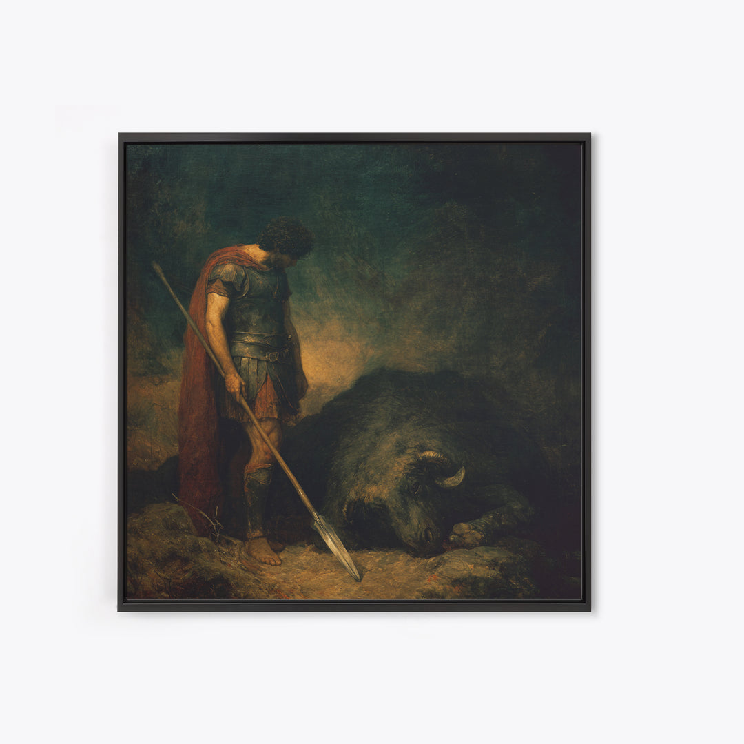 Heroic Spearman Beside Fallen Beast Wall Art, Mythological Warrior Oil Painting, Dark Fantasy Fine Art Print Living Room Decor
