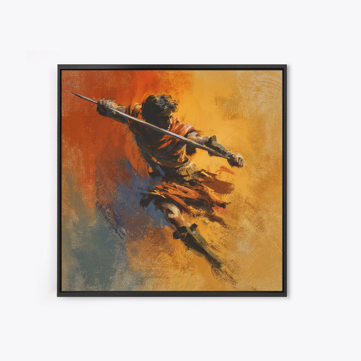 Dynamic Spear Warrior In Orange Canvas Print, Abstract Battle Figure Wall Art, Bold Fantasy Decor, Energetic Statement Art