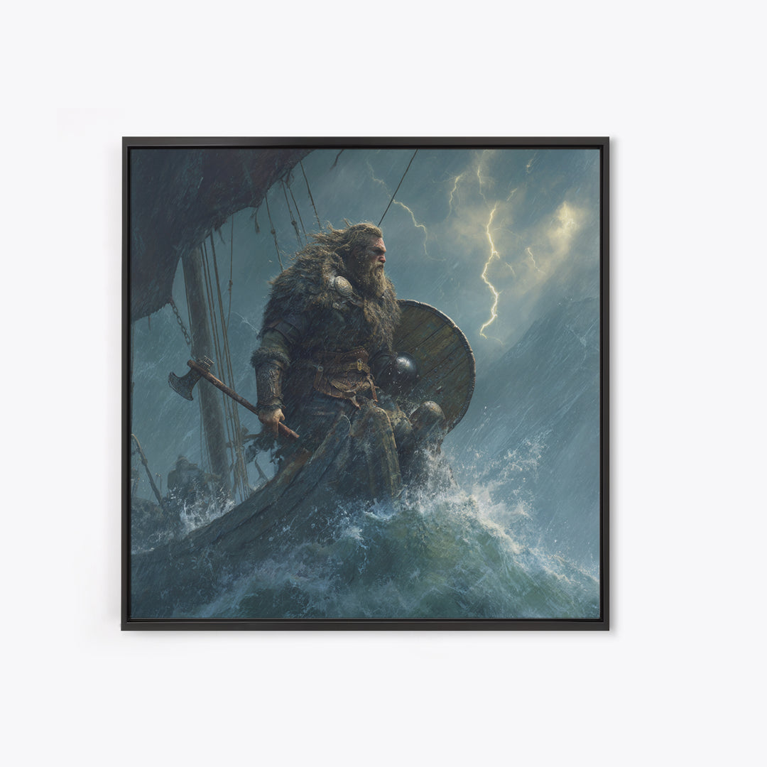 Viking Warrior In Stormy Seas Framed Canvas Print, Norse Mythology Wall Art, Dark Nautical Decor, Gift For Him, Masculine Office Art