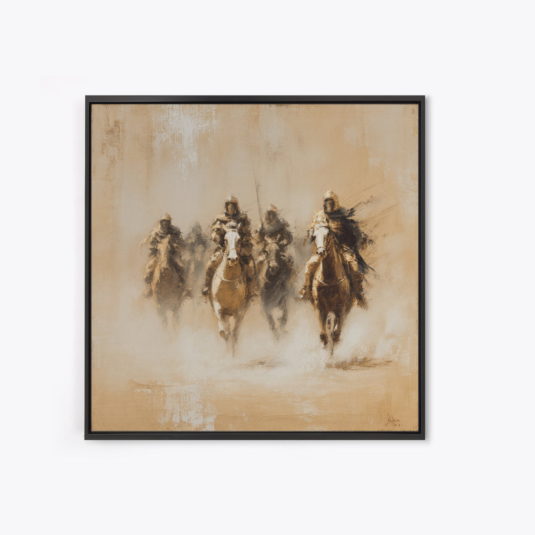 Four Dusty Medieval Horsemen Large Wall Art, Neutral Cavalry Painting, Rustic Western Canvas For Living Room And Office Decor Gift