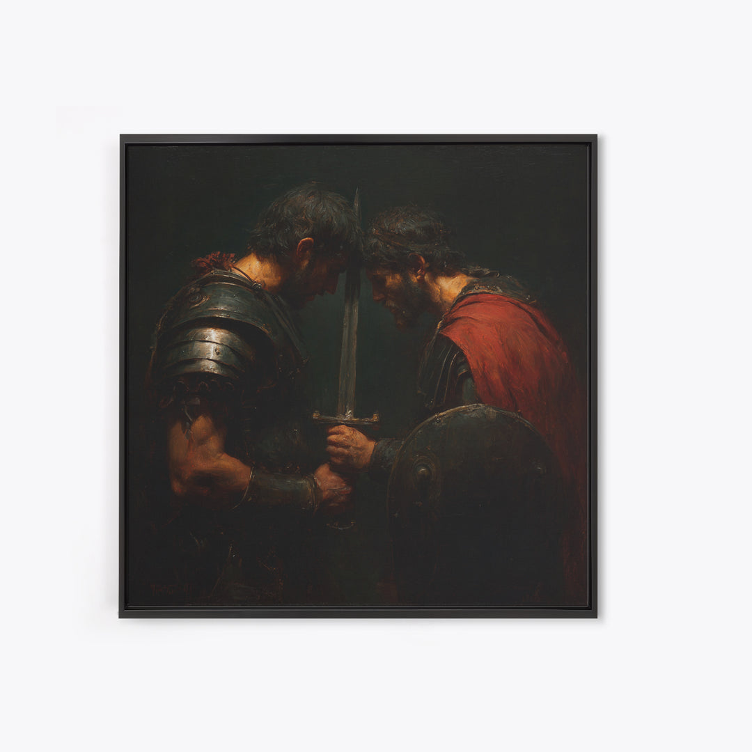 Two Armored Warriors With Sword, Dark Medieval Framed Canvas Print, Masculine Office Decor, Historical Wall Art, Gift For Him