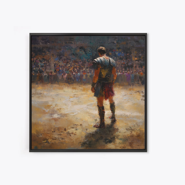 Lone Gladiator In Arena Spotlight Canvas Print, Roman Colosseum Wall Art, Historical Oil Painting, Masculine Office Decor