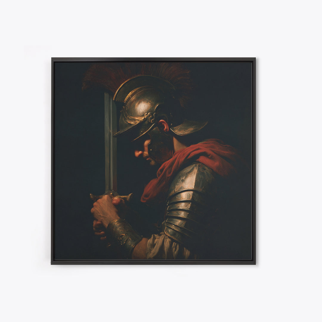 Roman Warrior With Sword And Bronze Helmet Framed Canvas Print, Dark Academia Wall Art, Mythological Art, Gift For Him, Decor