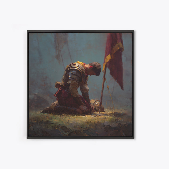 Kneeling Knight With Battle Standard Framed Canvas Print, Medieval Warrior Oil Painting, Dark Academia Wall Decor, Gift For Him