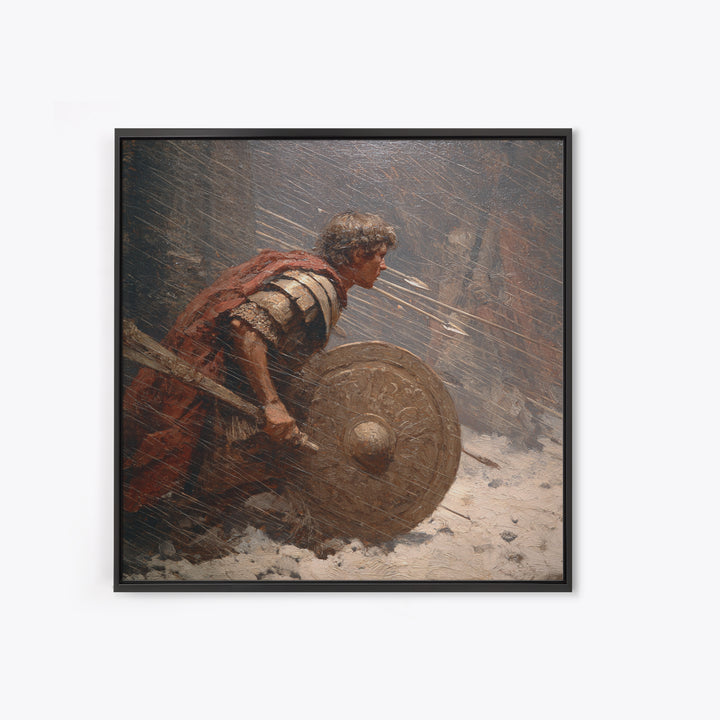 Roman Warrior Under Arrow Fire Wall Art, Snow Battle Shield Painting, Historical Canvas Print For Masculine Office Decor