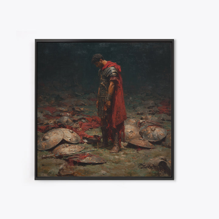 Defeated Roman Soldier Among Shields Framed Canvas Print, Somber Historical Oil Painting, Dark Academia Wall Art Decor Gift