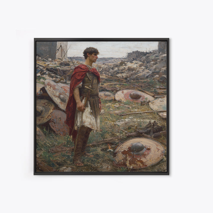 Roman Soldier Among Fallen Shields Wall Art, Ancient Warrior Oil Painting, Classical History Decor, Masculine Living Room Art