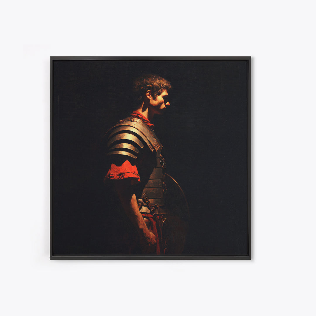 Roman Warrior In Shadow Wall Art, Dark Academia Soldier Portrait, Classical Armor Oil Painting For Masculine Office Decor