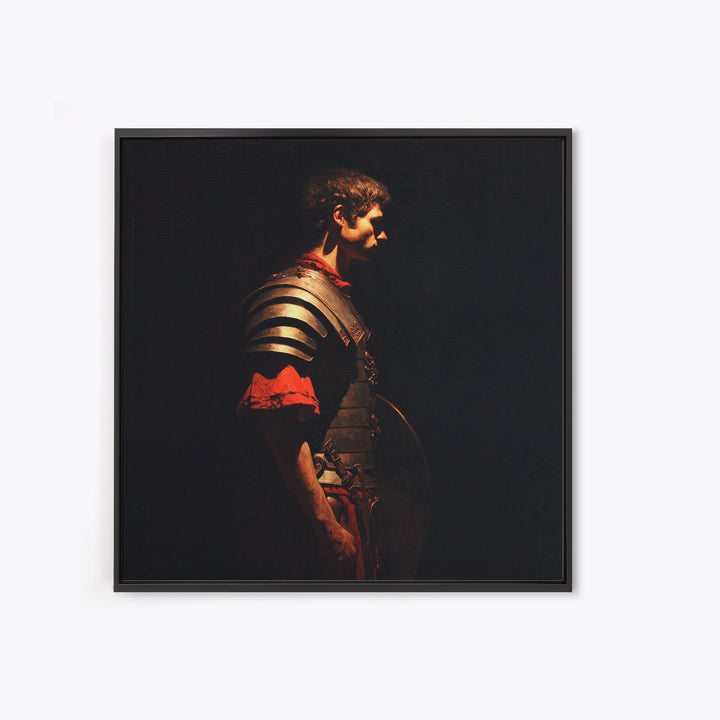 Roman Warrior In Shadow Wall Art, Dark Academia Soldier Portrait, Classical Armor Oil Painting For Masculine Office Decor