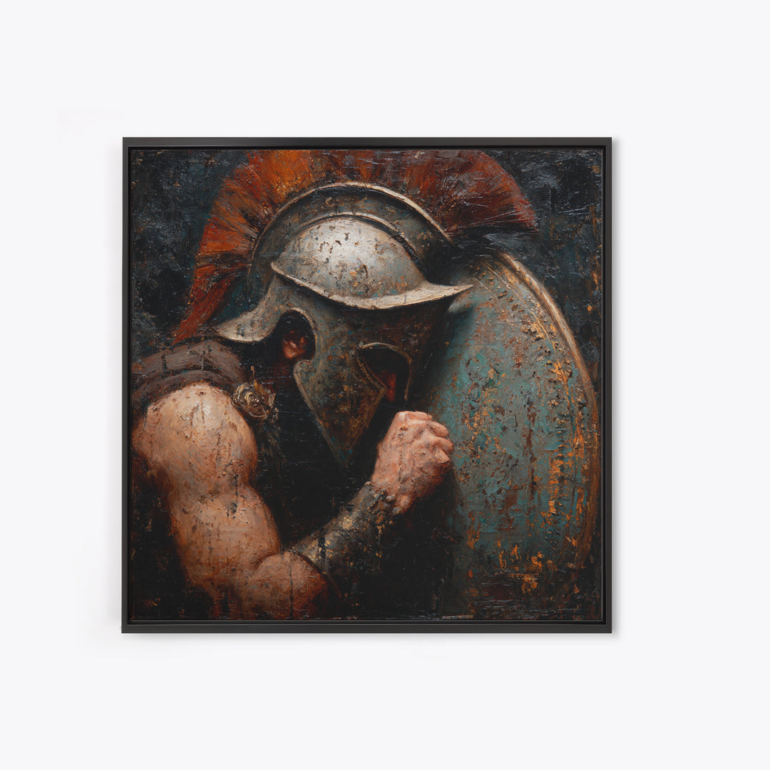 Dark Spartan Helmet And Shield Wall Art, Ancient Warrior Oil Painting, Greek Soldier Decor, Masculine Office, Gift For Him