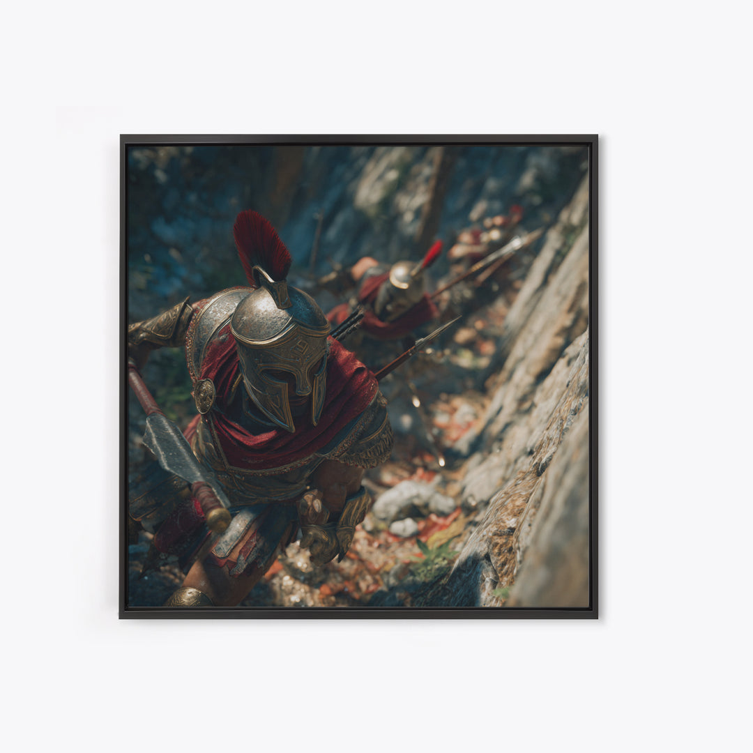 Spartan Warriors Climbing Rocky Pass Framed Canvas Print, Ancient Greek Wall Art, Roman Soldier Decor, History Gift, Fine Art