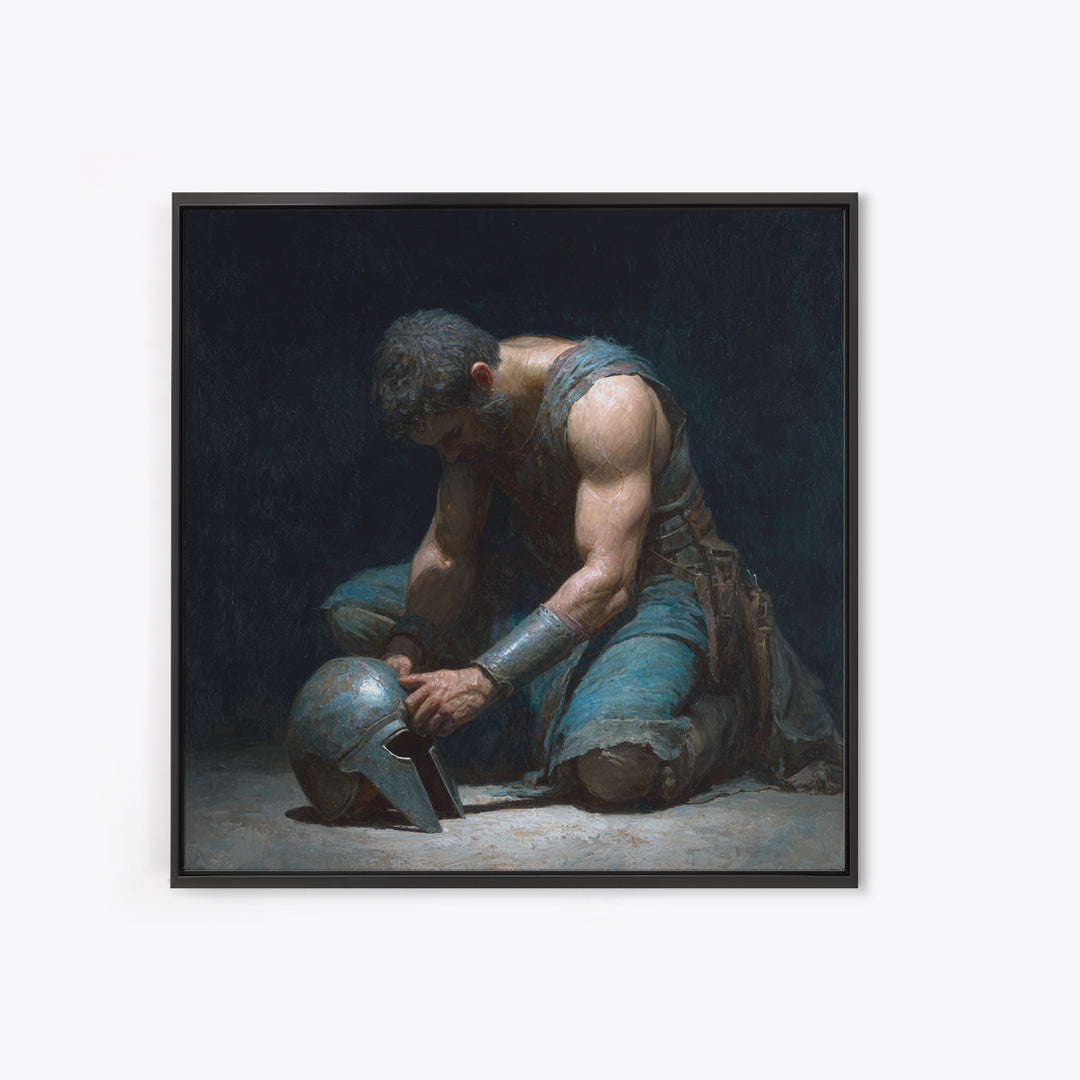 Kneeling Gladiator Holding Helmet Framed Canvas Print, Roman Warrior Oil Painting, Dark Masculine Wall Art For Office Decor