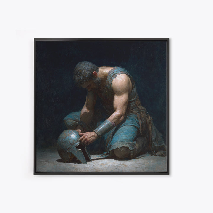 Kneeling Gladiator Holding Helmet Framed Canvas Print, Roman Warrior Oil Painting, Dark Masculine Wall Art For Office Decor