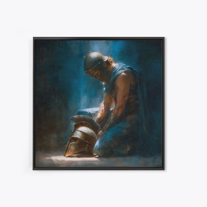 Kneeling Warrior With Bronze Helmet Framed Canvas Print, Dark Roman Oil Painting, Moody Masculine Office Wall Art Decor Gift