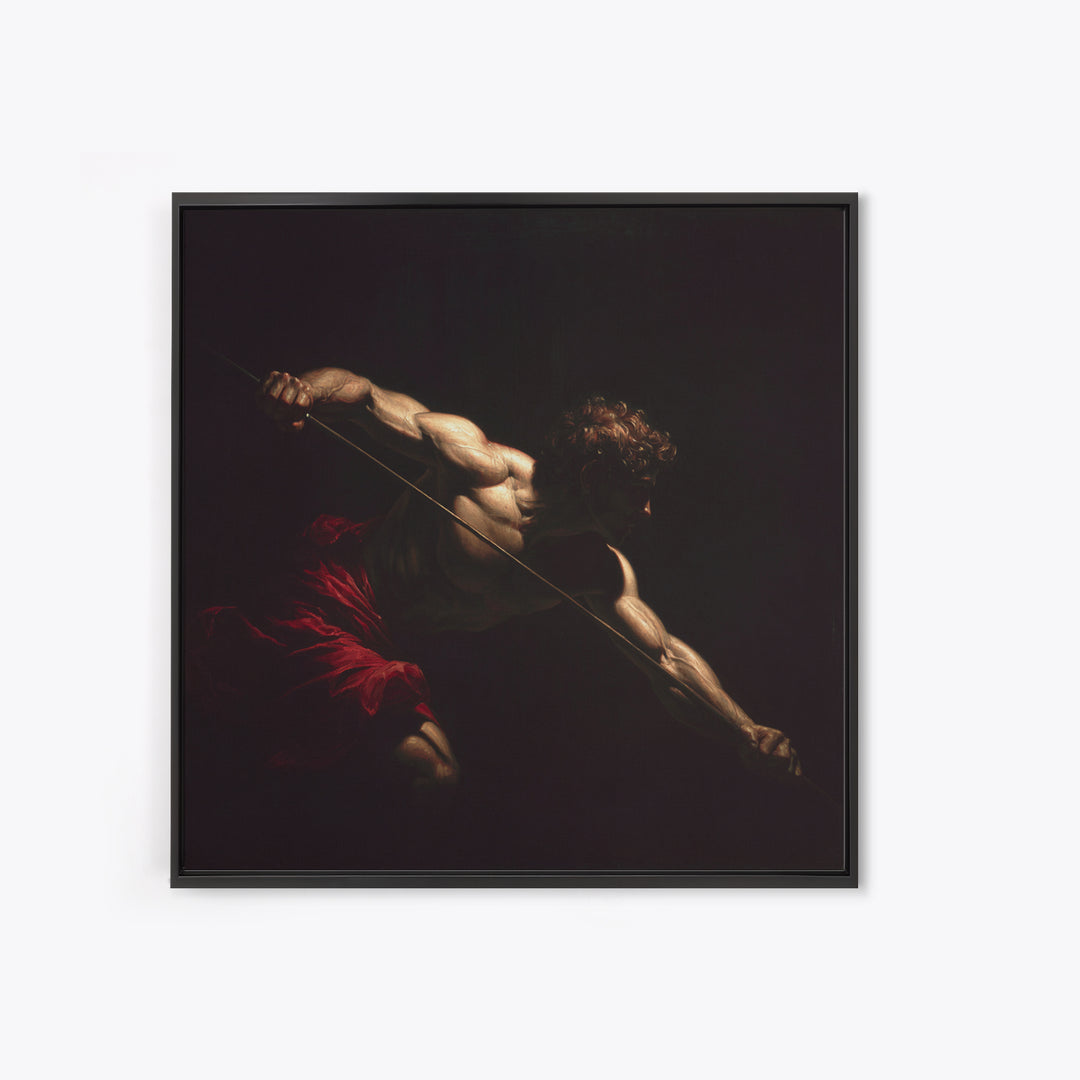 Muscular Archer In Dramatic Shadow, Baroque Framed Canvas Print, Classical Figure Wall Art, Dark Academia Decor, Gift For Him