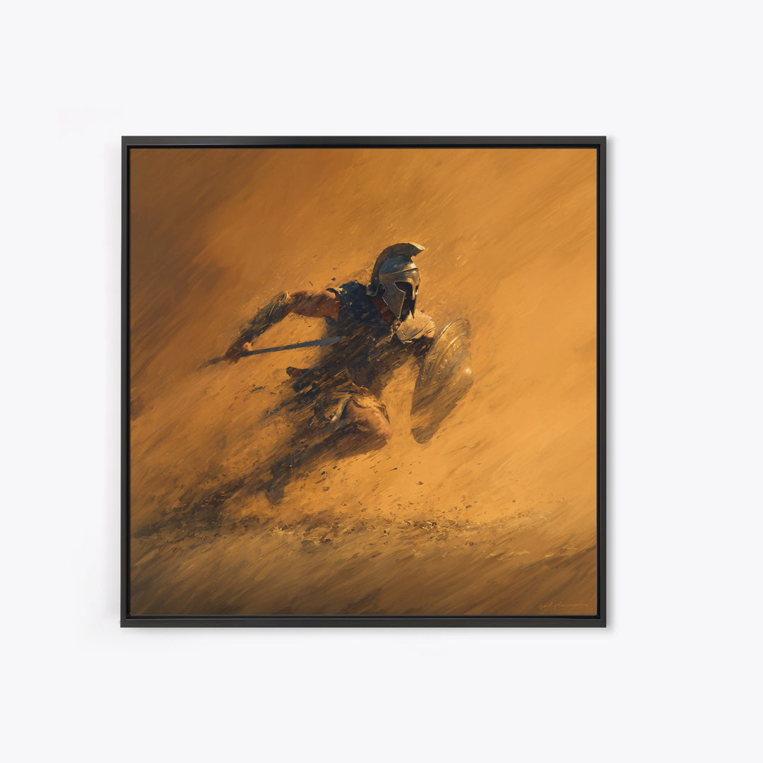 Spartan Warrior Charging Through Sandstorm Canvas Print, Greek Wall Art, Action Painting, Warm Orange Decor, Gift For Him