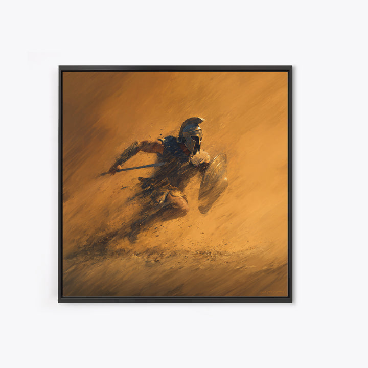 Spartan Warrior Charging Through Sandstorm Canvas Print, Greek Wall Art, Action Painting, Warm Orange Decor, Gift For Him