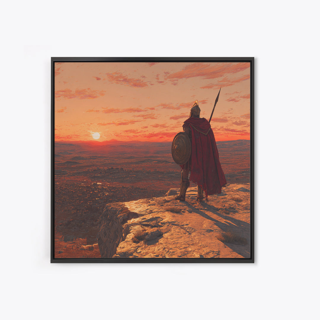 Ancient Warrior At Sunset Over Valley Canvas Print, Spartan Wall Art, Historical Landscape, Masculine Office Decor Gift Idea