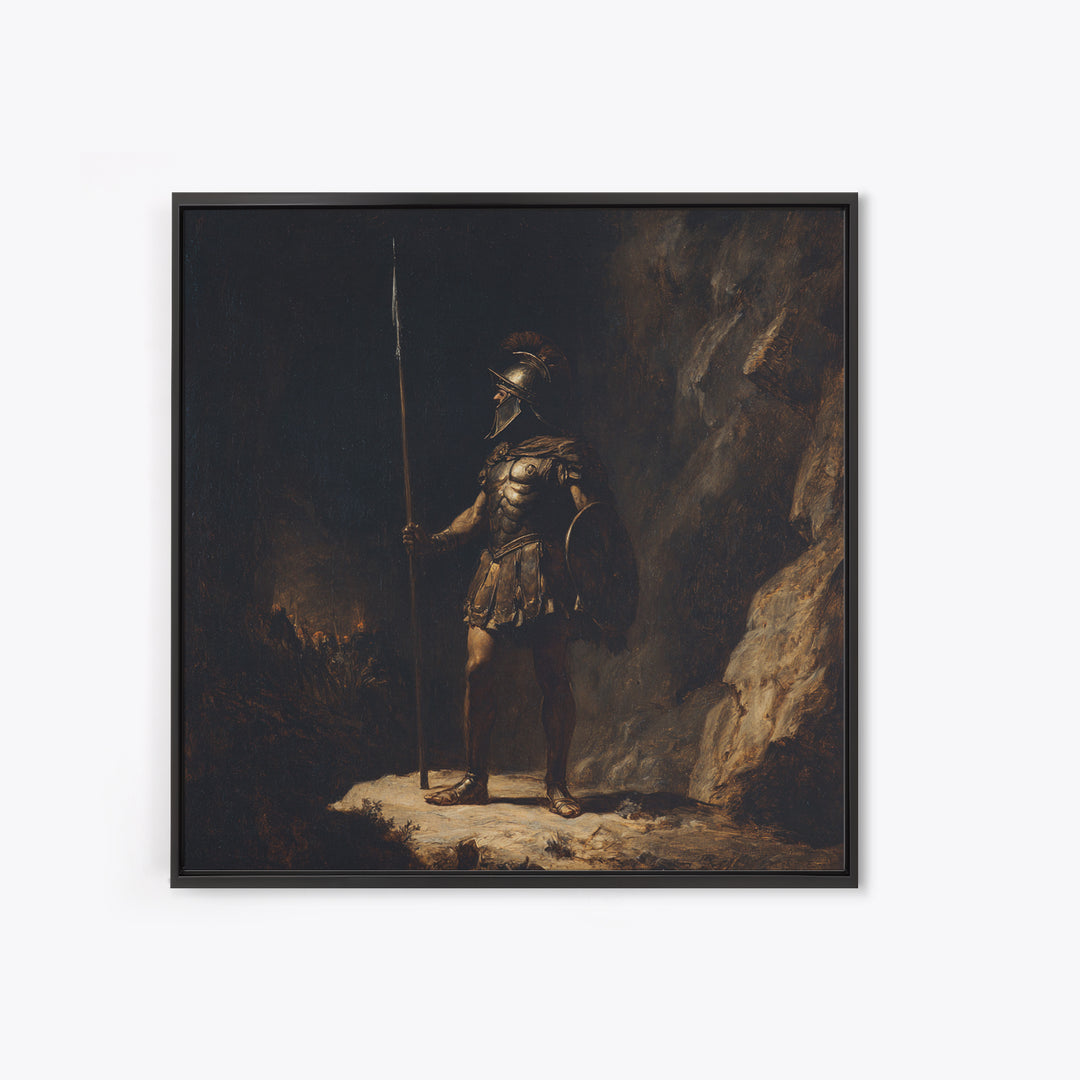 Ancient Spearman Guard In Dark Cave Canvas Print, Historical Classical Warrior Art, Moody Wall Decor, Masculine Office Decor