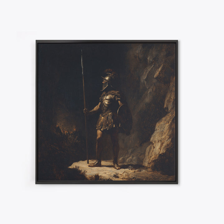 Ancient Spearman Guard In Dark Cave Canvas Print, Historical Classical Warrior Art, Moody Wall Decor, Masculine Office Decor