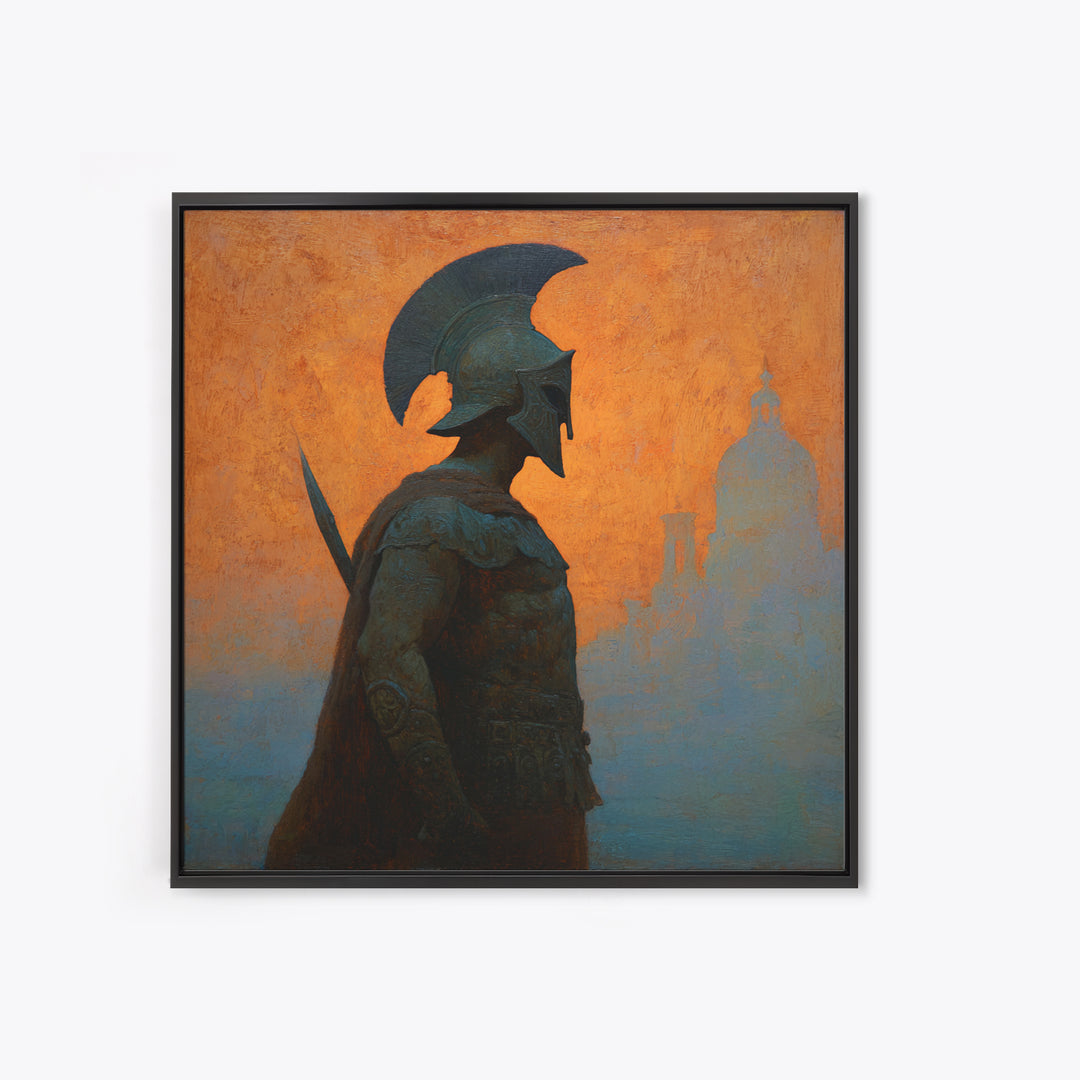 Spartan Warrior Silhouette Canvas Print, Orange Ancient Cityscape, Greek Mythology Wall Art, Classical History Home Decor
