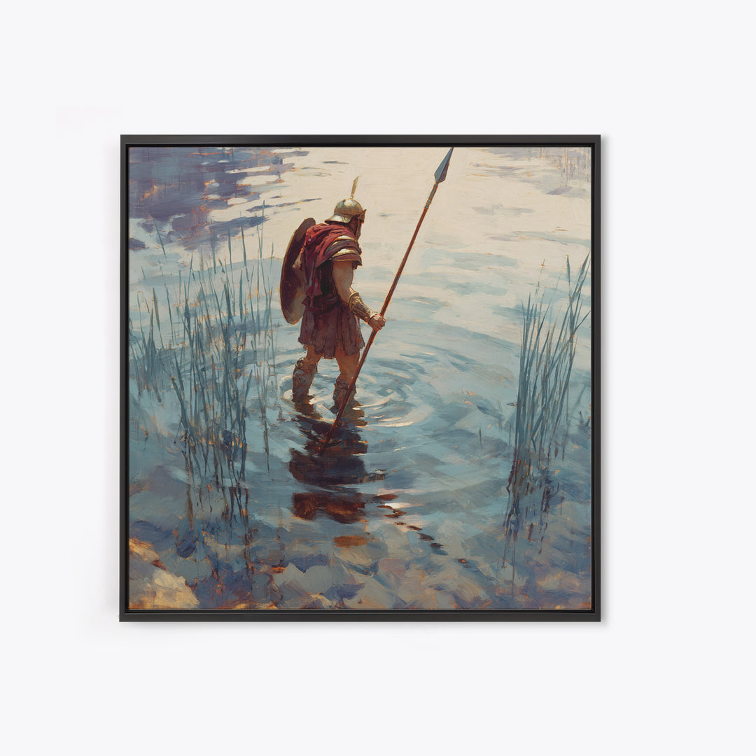 Solitary Warrior Wading Through Water Wall Art, Roman Spearman Landscape, Coastal Blue Canvas Print For Living Room Decor