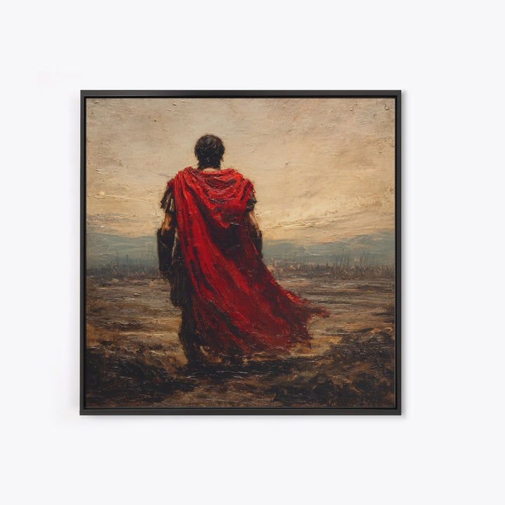 Red Cloaked Roman Warrior Framed Canvas Print, Ancient Battlefield Oil Painting, Classical Landscape Wall Art For Office