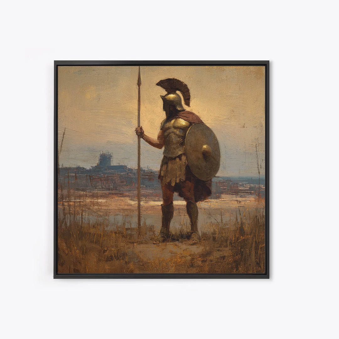Spartan Guard With Spear And Shield Canvas Print, Greek Warrior Landscape, Ancient History Wall Decor, Masculine Office Art