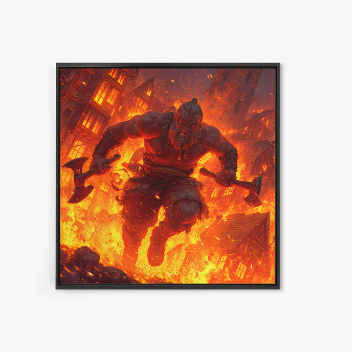 Fire Giant Berserker With Axes Wall Art, Dark Fantasy Canvas, Mythological Warrior Print, Gaming Room Decor, Gift For Him