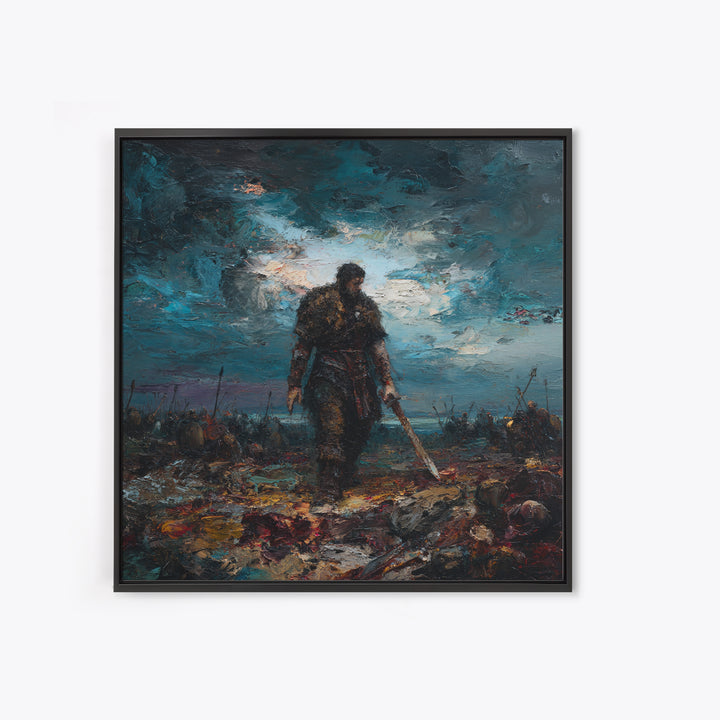 Brooding Warrior With Sword On Stormy Battlefield Canvas Print, Dark Fantasy Art, Masculine Office Decor, Gift For Him, Wall Decor