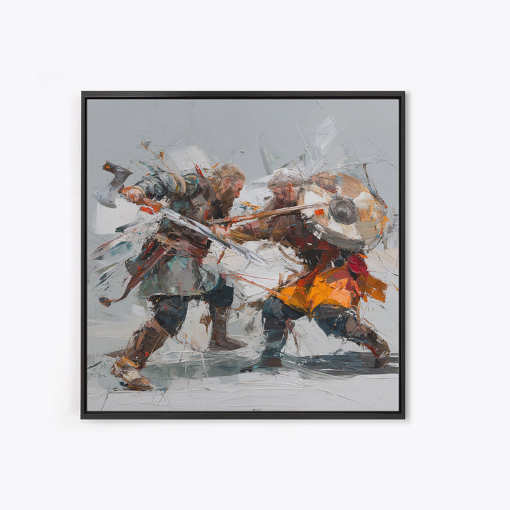 Viking Duel With Swords And Shields Canvas Print, Abstract Warrior Battle Painting, Dynamic Modern Wall Art For Game Room