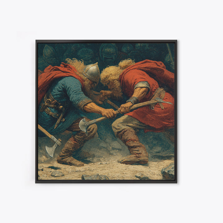 Clashing Viking Warriors With Axes Wall Art, Nordic Battle Painting, Historical Canvas Decor, Dramatic Masculine Office Art