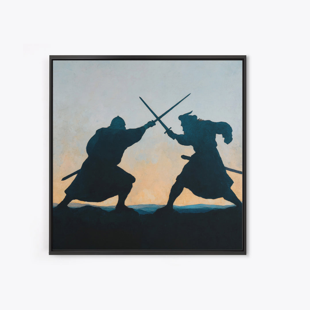 Silhouette Sword Duel At Sunset Canvas Print, Medieval Warrior Wall Decor, Viking Battle Art, Minimalist Masculine Gift For Him