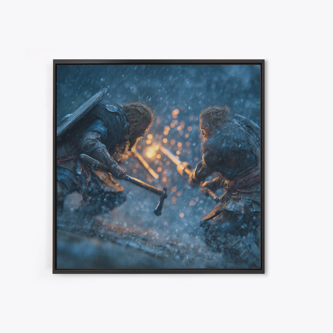 Snowy Viking Duel With Axes Wall Art, Norse Battle Canvas Print, Dark Fantasy Decor, Action Artwork, Gift For Him, Nordic Decor