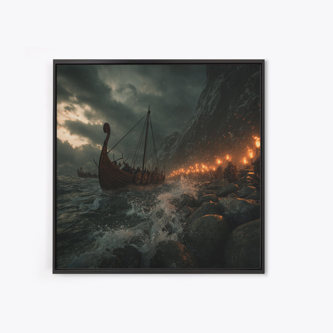 Viking Longship Stormy Shore Framed Canvas Print, Norse Seascape, Dark Fantasy Wall Decor, Masculine Office Art, Viking Wall Art