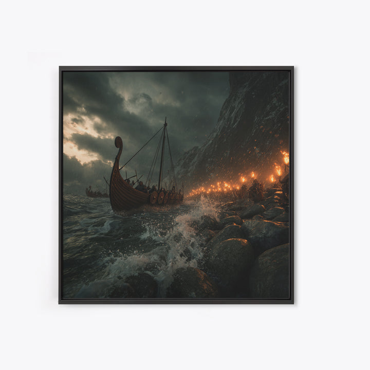 Viking Longship Stormy Shore Framed Canvas Print, Norse Seascape, Dark Fantasy Wall Decor, Masculine Office Art, Viking Wall Art