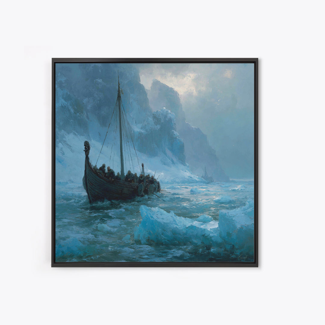 Viking Longship In Icy Fjord, Arctic Seascape Wall Art, Norse Landscape Canvas Print, Coastal Winter Decor, Gift For Him