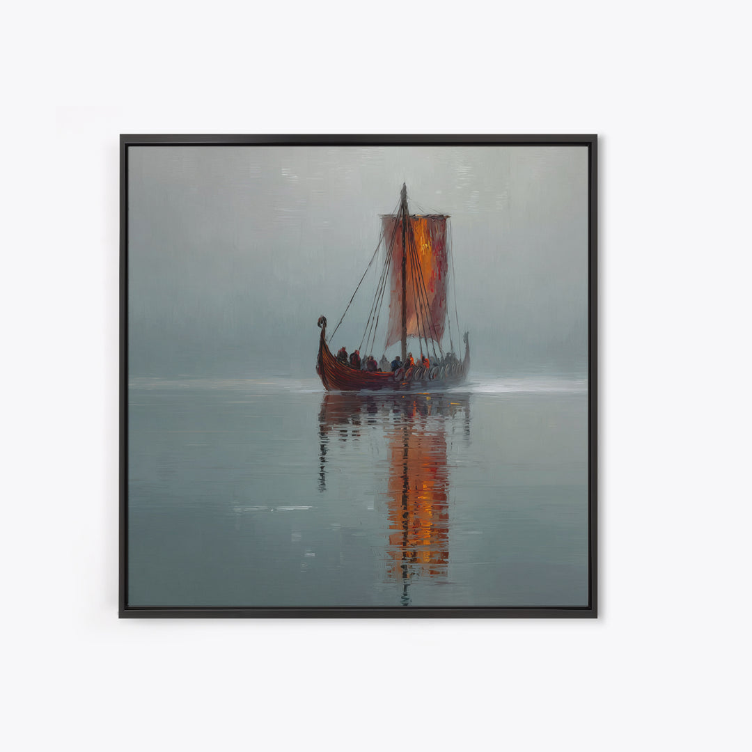 Misty Viking Longship With Red Sail Canvas Print, Nordic Seascape Oil Painting, Nautical Wall Decor, Scandinavian Art, Home Decor